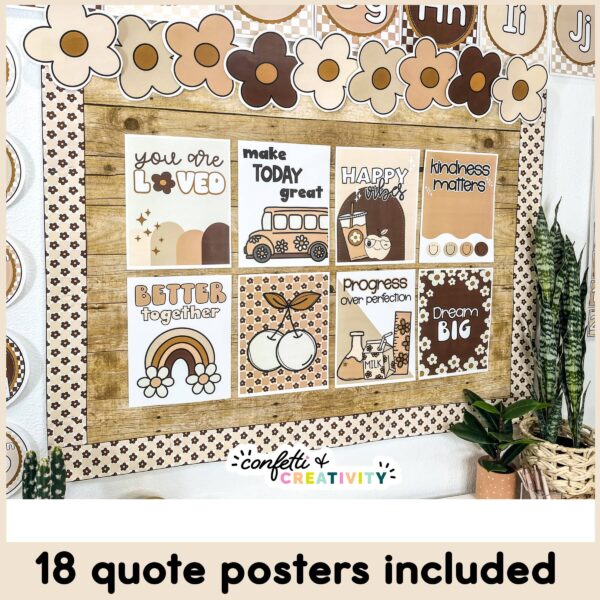 Neutral Classroom Decor Bundle - Bulletin Board with Inspirational Posters Shows a decorated neutral bulletin board board with 8 inspirational posters on it. Includes neutral printable bulletin board borders and daisies at the top of the bulletin board