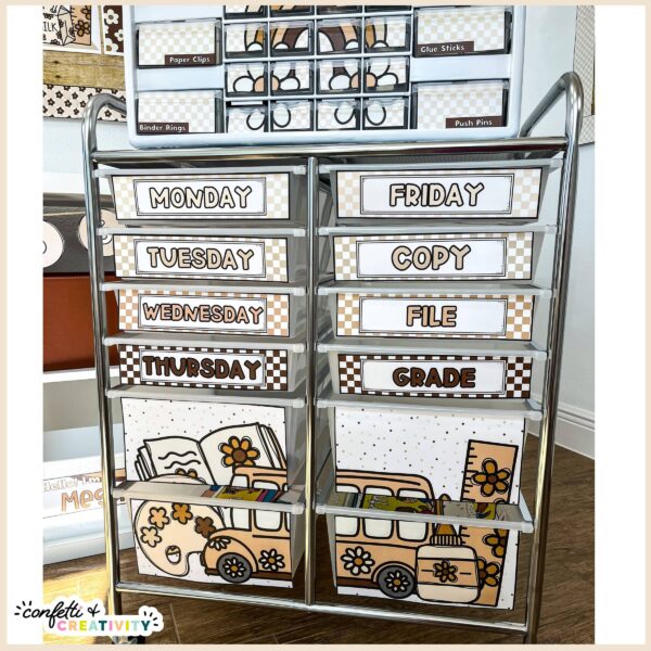 Neutral Classroom Decor Bundle - 12 Drawer Cart Labels Shows the 12 Drawer Cart Labels with neutral colors