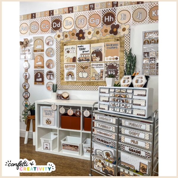 Neutral Classroom Decor Bundle - Set up Neutral Classroom Shows a picture of the entire neutral classroom theme set up with a 12 drawer cart, alphabet posters, a neutral bulletin board, and so much more
