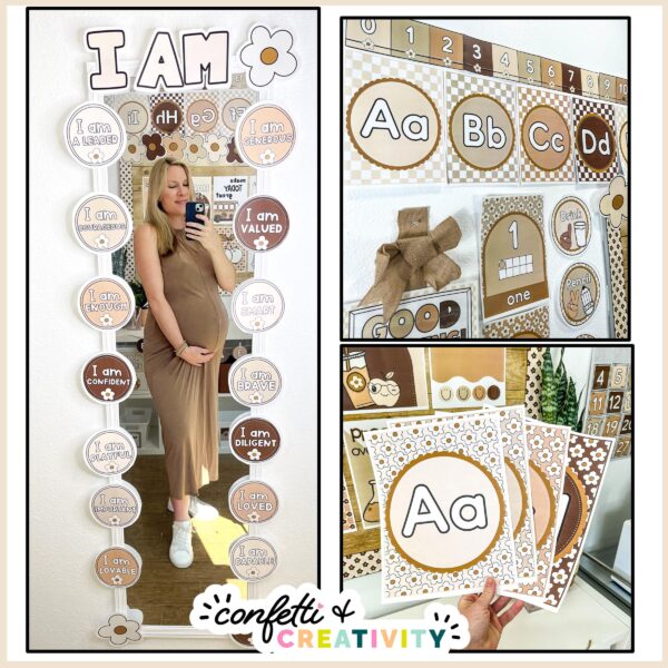 Neutral Classroom Decor Bundle - Multiple Images of the Classroom Theme Shows the neutral affirmation mirror with Megan taking a selfie as well as other examples of products from the neutral classroom decor bundle