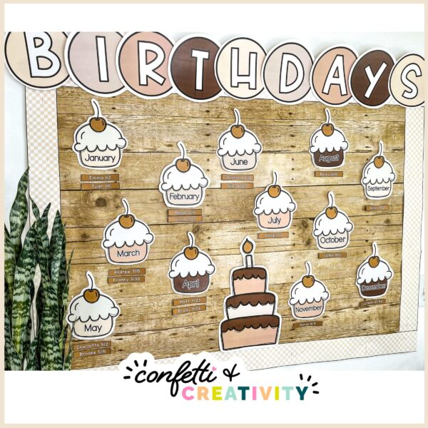 Neutral Classroom Decor Bundle - Birthday Board Set Up Shows the Neutral Birthday Board form the neutral classroom theme set up with student names and month cards