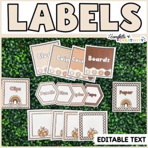 Shows a lot of differently shaped classroom labels on a green grass panel