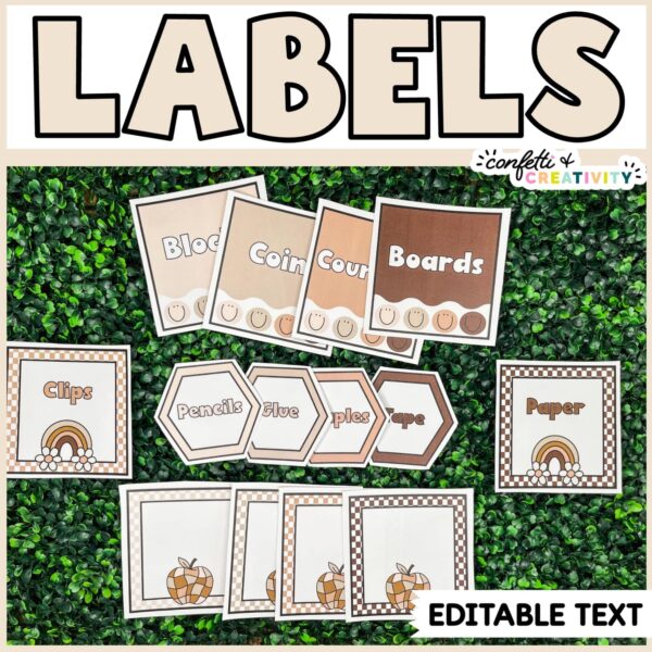 Shows a lot of differently shaped classroom labels on a green grass panel