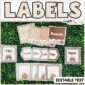 Shows a lot of differently shaped classroom labels on a green grass panel