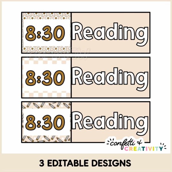 Neutral Classroom Schedule - Examples Shows 3 different classroom schedule cards. Each one is neutral colors with the time 8:30 and reading as the schedule. Each card has a different design