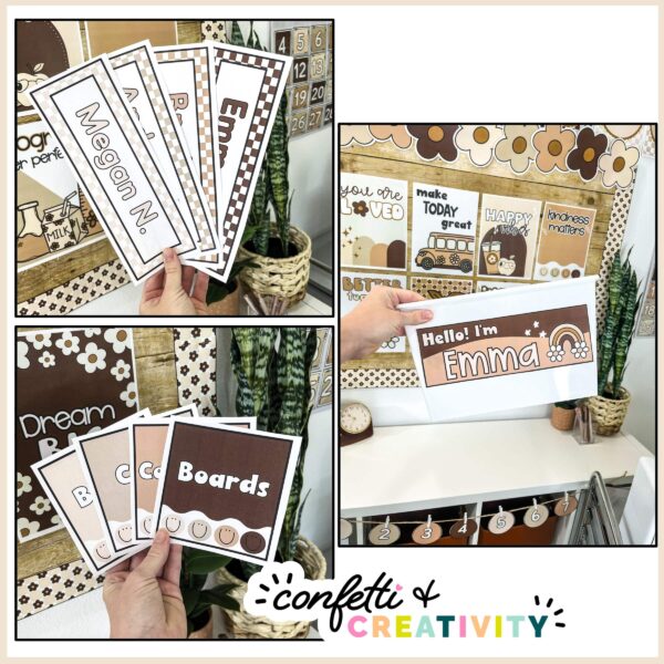 Neutral Classroom Decor Bundle - Multiple Images of the Neutral Classroom Theme Set Up Shows neutral student desk nameplates