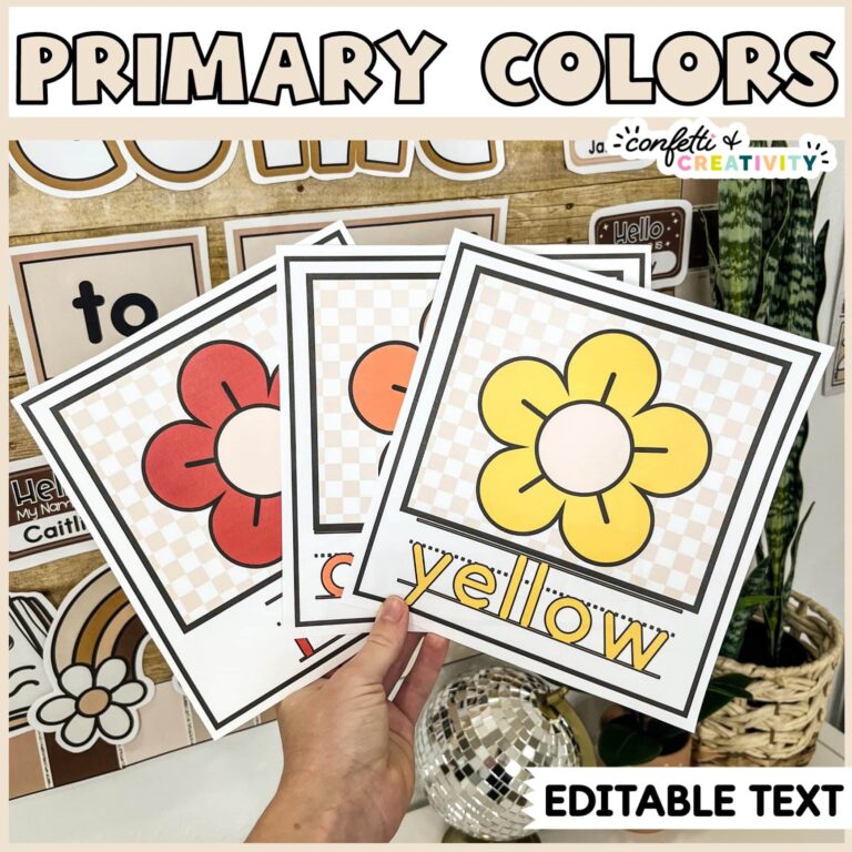 Shows red, orange, and yellow color posters with a flower