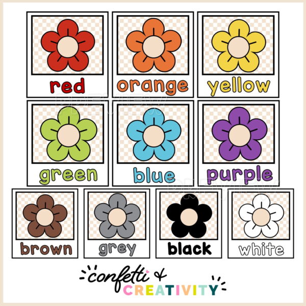 Neutral Color Posters - Examples Shows all of the color posters starting with red and ending with white. Each color poster is a colored daisy with the word of the color underneath