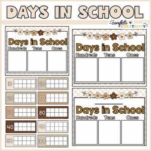 Shows multiple ten frames in neutral colors as well as a sheet to write in how many days you've been in school