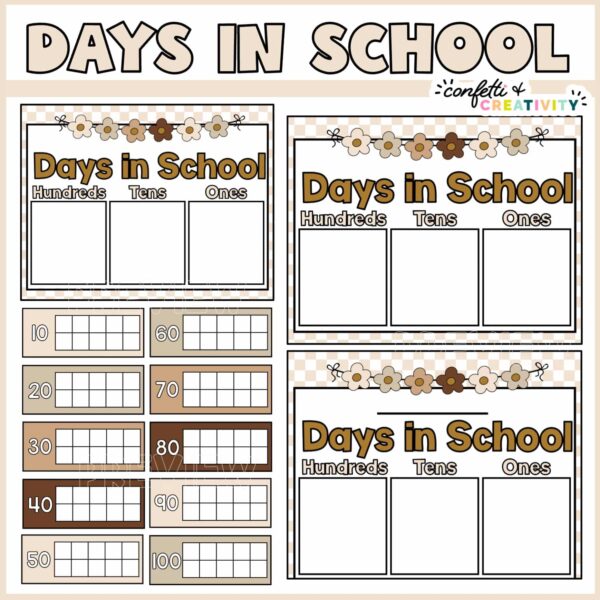 Shows multiple ten frames in neutral colors as well as a sheet to write in how many days you've been in school