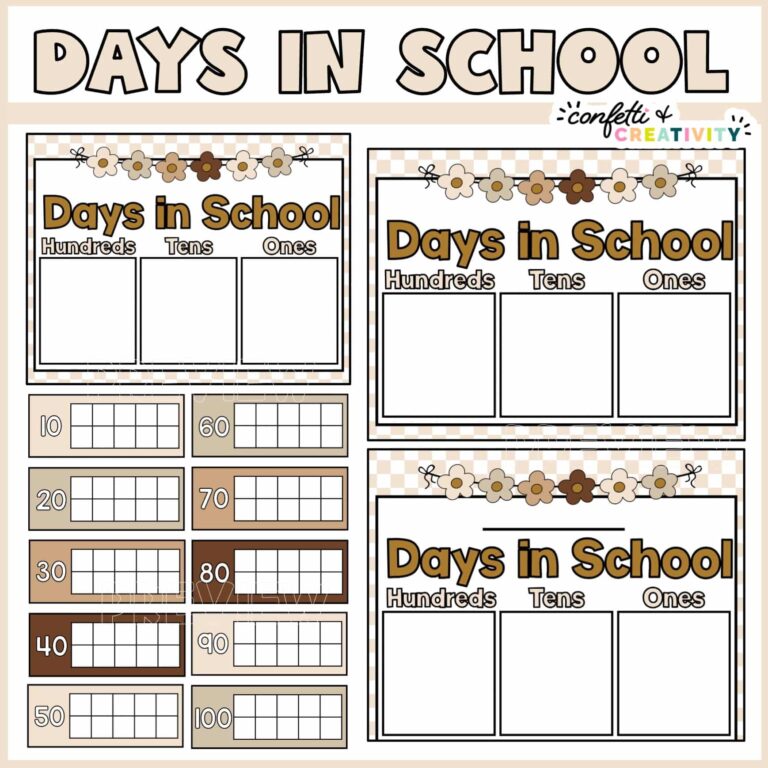 Shows multiple ten frames in neutral colors as well as a sheet to write in how many days you've been in school