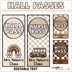 Shows examples of the neutral colored hall passes. Shows both large and smaller sized cards. The text "Hall Passes" is at the top of the image
