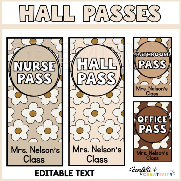 Neutral Hall Passes - Cover Photo Shows examples of the neutral colored hall passes. Shows both large and smaller sized cards. The text "Hall Passes" is at the top of the image