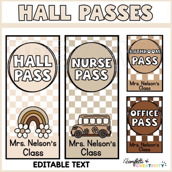 Shows examples of the neutral colored hall passes. Shows both large and smaller sized cards. The text "Hall Passes" is at the top of the image