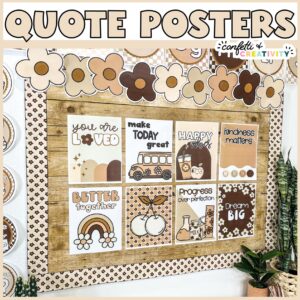 Shows an example of bulletin board set up with printable bulletin board borders and 8 inspirational quote posters put up. All the posters included neutral colors