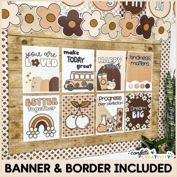 Neutral Inspirational Posters - Bulletin Board Set Up Shows set up bulletin board with posters and borders