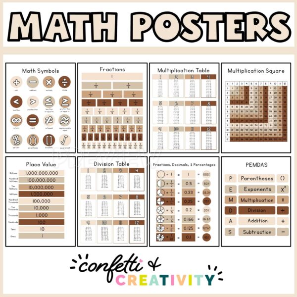 Shows text "Math Posters" at the top of the image with 8 different posters displayed. All posters and text are in a neutral color palette