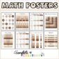 Shows text "Math Posters" at the top of the image with 8 different posters displayed. All posters and text are in a neutral color palette