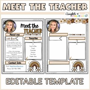 Shows "Meet the Teacher" text at the top of the image with a filled out version as well as blank version included
