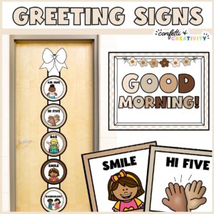 Shows the neutral morning greeting signs on a ribbon with a bow at the top. The ribbon is laid over a stock photo of a classroom door to show a teacher what it might look like