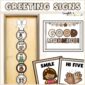 Shows the neutral morning greeting signs on a ribbon with a bow at the top. The ribbon is laid over a stock photo of a classroom door to show a teacher what it might look like