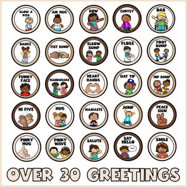 Neutral Morning Greeting Signs - Example Greetings Shows 25 different morning greetings a teacher can use with the text "over 30 cards" at the bottom of the image