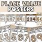 Shows the place value posters with decimals and commas included. The commas and decimals are in white, while the rest of the posters are in neutral colors