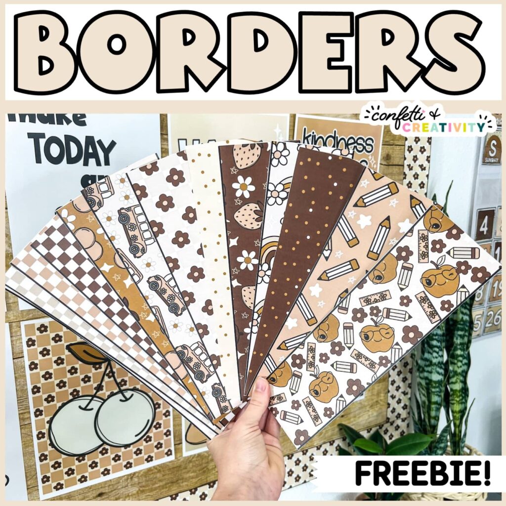Shows the printable bulletin board borders fanned out and held by Megan