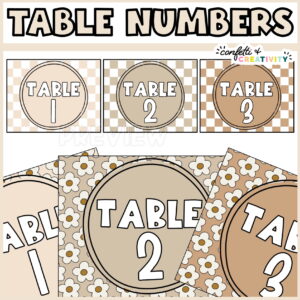 Shows two different examples of designs - with a checkered design and a set of daisies. The text "Table Numbers" is at the top of the image in a neutral color