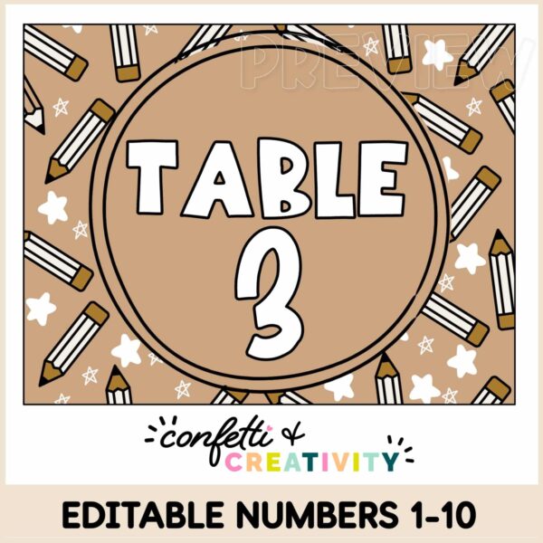 Neutral Table Numbers - Example Shows a zoomed in version of table 3 card. The design is a neutral color palette with pencils in the background
