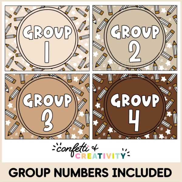 Neutral Table Numbers - Different Group Numbers Shows four different examples of group numbers 1 through 4 with different colors