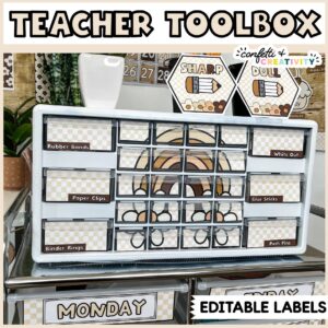 Shows the teacher toolbox labels on a white spray painted box. Includes "Teacher Toolbox" text at the top of the image