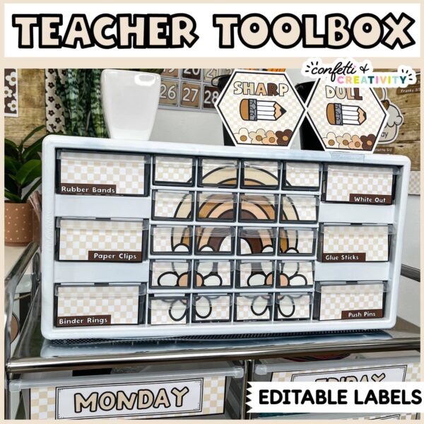 Shows the teacher toolbox labels on a white spray painted box. Includes "Teacher Toolbox" text at the top of the image