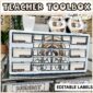 Shows the teacher toolbox labels on a white spray painted box. Includes "Teacher Toolbox" text at the top of the image