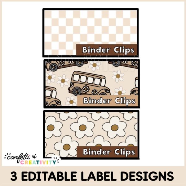 Neutral Teacher Toolbox Labels - Examples Shows 3 different label designs with a school bus, checkered background, and daisies. Every example is in neutral colors