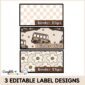 Shows 3 different label designs with a school bus, checkered background, and daisies. Every example is in neutral colors