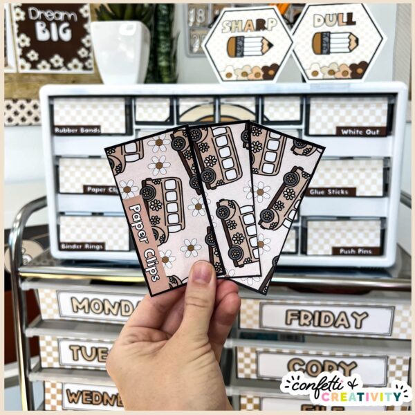 Neutral Teacher Toolbox Labels - Physical Photo Fanned out labels in front of the decorated teacher toolbox. The labels have a neutral school bus background