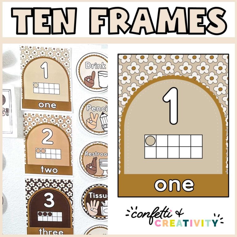 Shows a zoomed in version of the number 1 ten frame with daisies, as well as picture of the ten frame posters taped on the wall. The text "Ten Frames" is at the top of the image