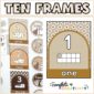 Shows a zoomed in version of the number 1 ten frame with daisies, as well as picture of the ten frame posters taped on the wall. The text "Ten Frames" is at the top of the image