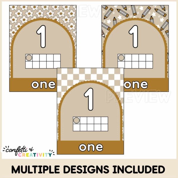 Neutral Ten Frames - Different Designs Shows all 3 different designs of the number 1. One example has a neutral background set of daisies, another has pencils, and another is a checkered background.