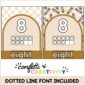 Shows two different designs of the number 8. One design has a pencil background, another has a checkered background. Both have a dotted line font and a ten tame with 8 circles in them