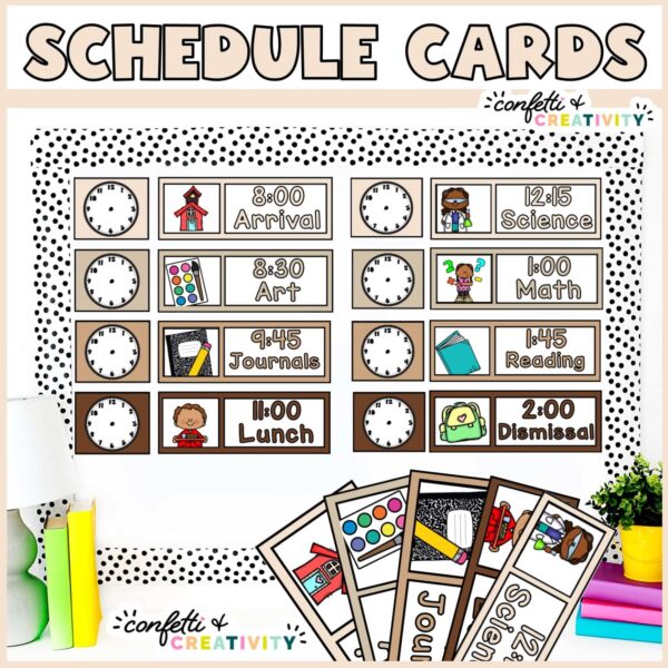 Shows the neutral visual schedule set up on a stock photo bulletin board