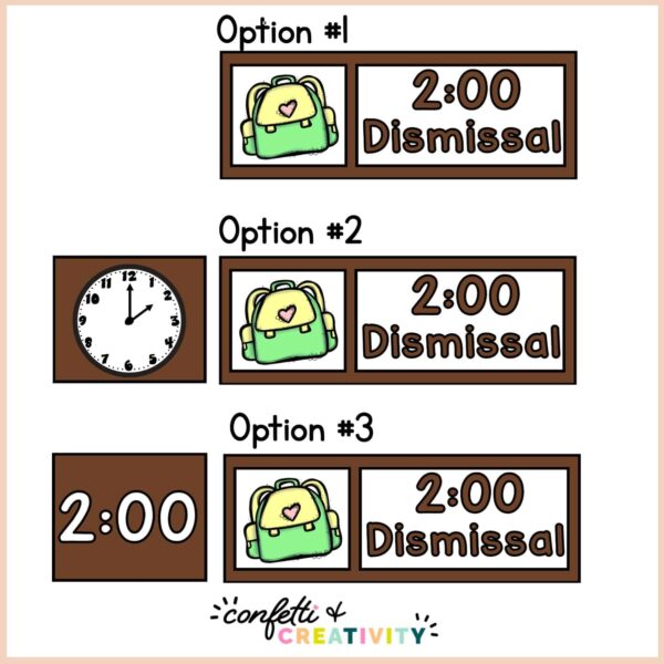 Neutral Visual Schedule - Set up Options Shows 3 different set up options for what the visual schedule can look like with clocks, clipart, and text