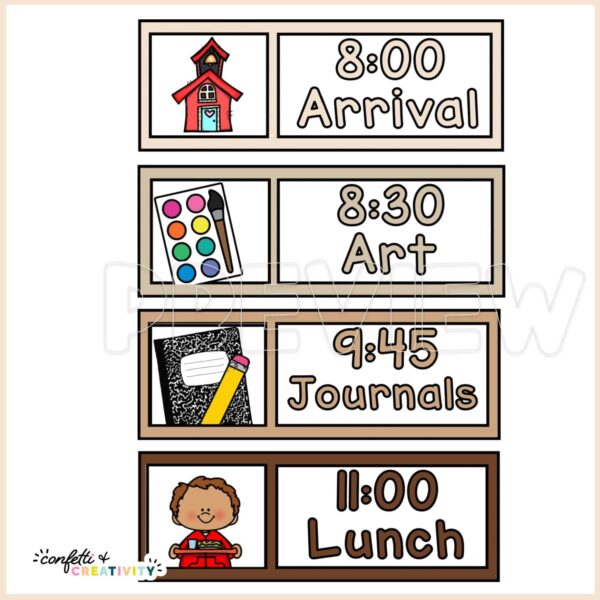 Neutral Visual Schedule - Example Schedule Shows an example schedule with clipart including "Arrival", "Art", "Journals" and many other visual schedule cards
