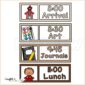 Shows an example schedule with clipart including "Arrival", "Art", "Journals" and many other visual schedule cards