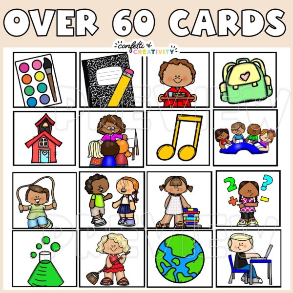 Neutral Visual Schedule - Example Cards Shows 16 cards with the the text "over 60 cards" text at the top of the image
