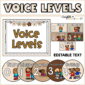 Shows all of the voice level options for a teacher to use. The cards have a neutral colored design with colored clipart. The text "Voice Levels" are at the top of the image