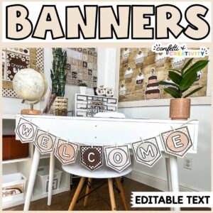 Shows the welcome banner on the front of a white desk. The banner is put together with twine.