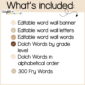 Shows a text list of everything included in the word wall product. Includes things such as Frye and Dolch sight words as well as headers and many other things