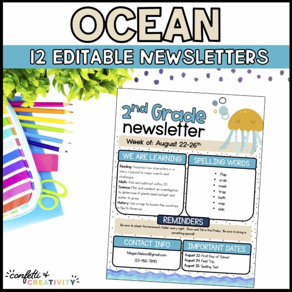 Shows a newsletter example on a table stock photo of a table